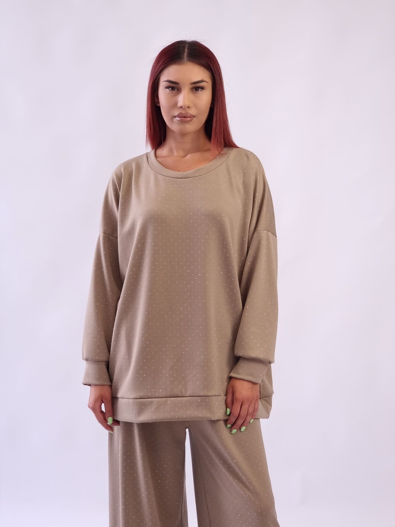 Γυναικεία μπλούζα με στρας λεπτομέρεια oversized Καφέ