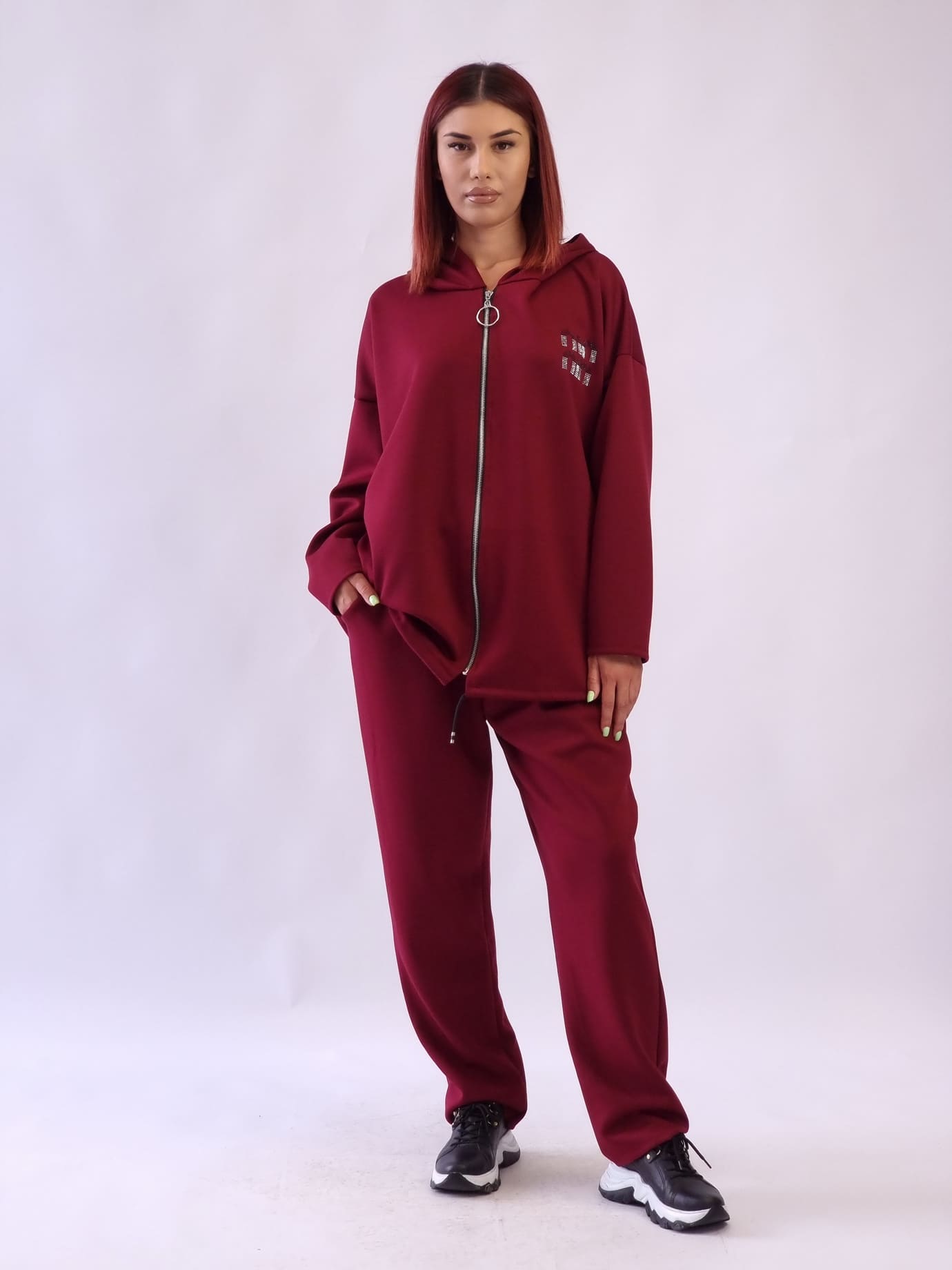 Γυναικείο σετ ζακέτα με κουκούλα παντελόνι Χακί