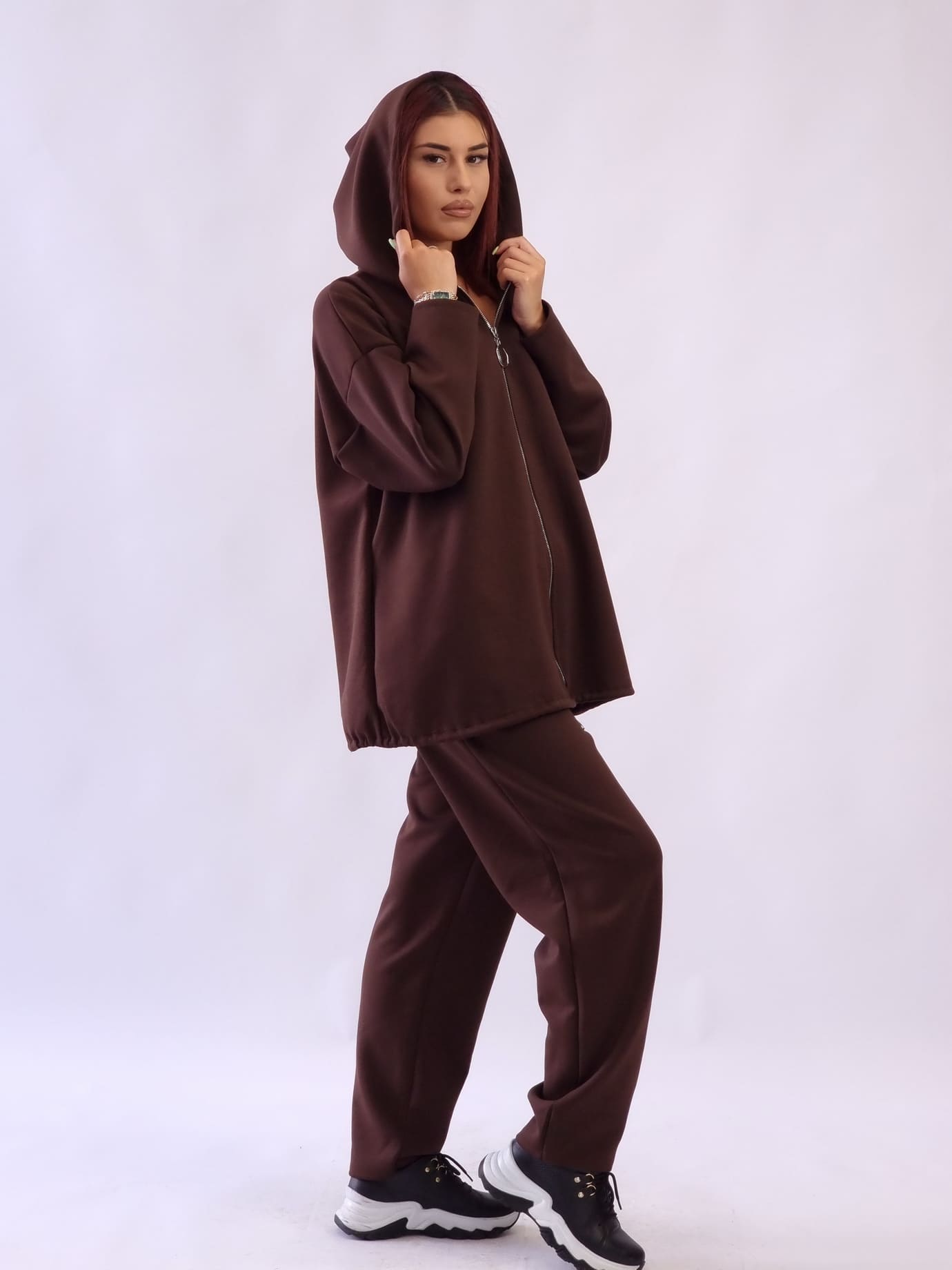 Γυναικείο σετ ζακέτα με κουκούλα παντελόνι Χακί