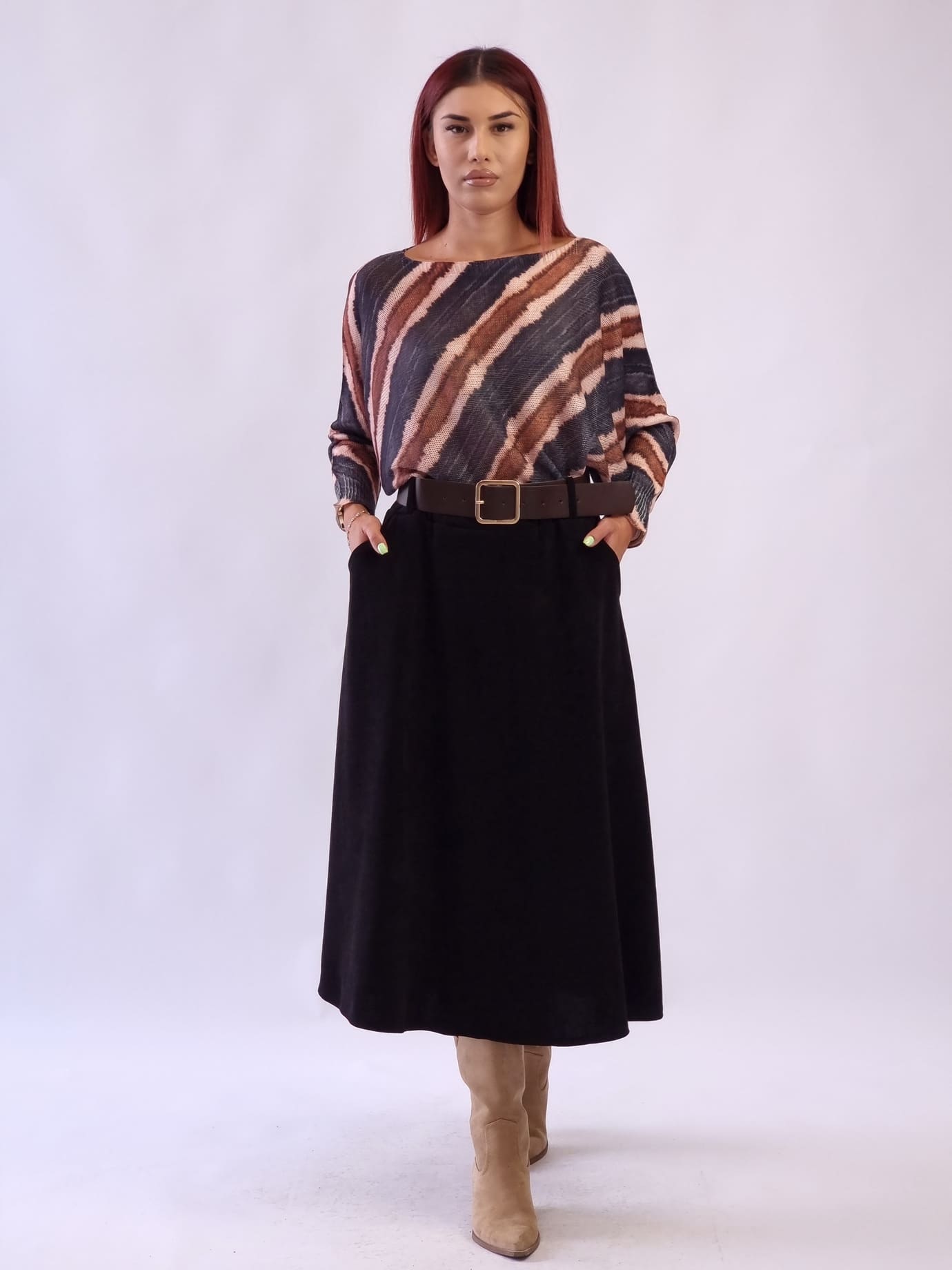 Γυναικεία μίντι φούστα με λάστιχο και ζώνη Καφέ