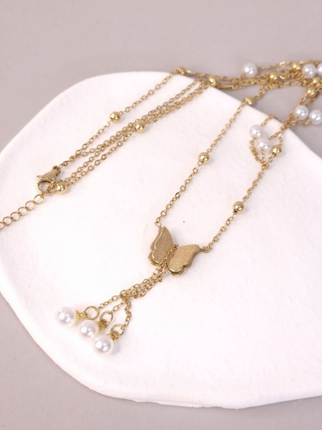 Κολιέ Ατσάλι Διπλό Πέρλα Πεταλούδα