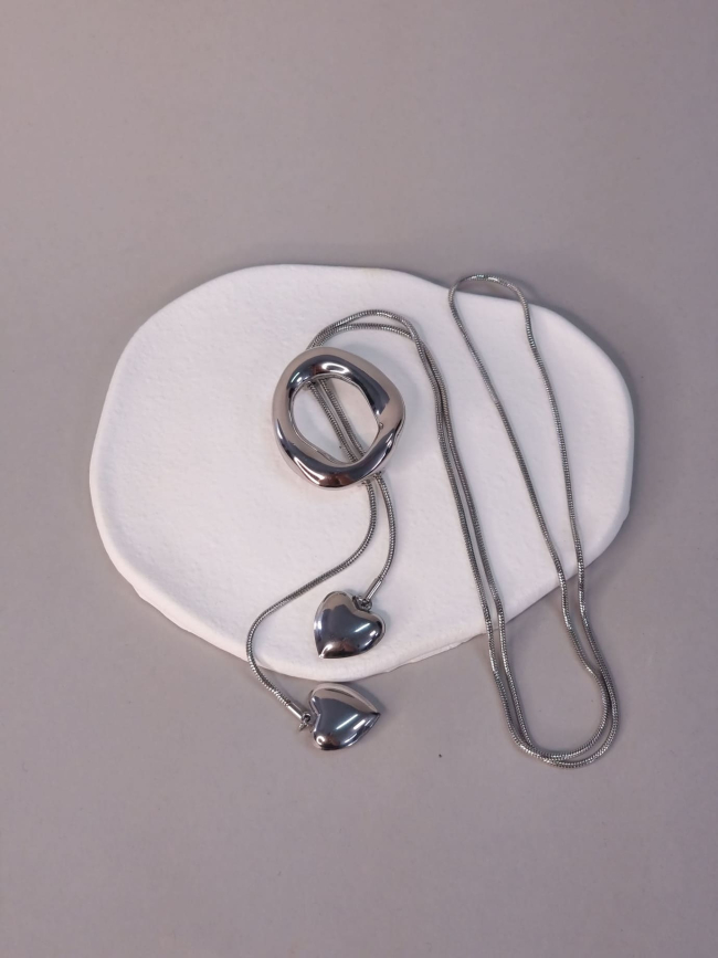 Κολιέ Ατσάλι Κρίκο Καρδιές Ασημί