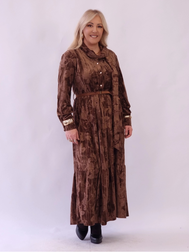 Φόρεμα Βελούδο Ζώνη Σουέτ Σοκολά