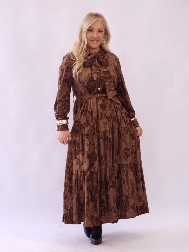 Φόρεμα Βελούδο Ζώνη Σουέτ Σοκολά