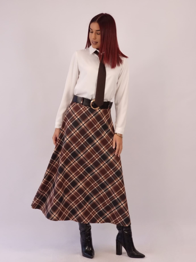Φούστα Καρό Με Ζώνη - Σοκολά