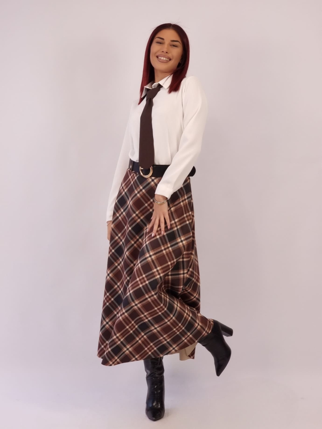 Φούστα Καρό Με Ζώνη - Σοκολά
