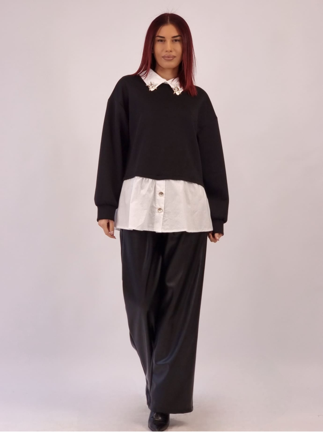 Μπλούζα Εφέ Πουκάμισο Με Καρφίτσες - Μαύρο