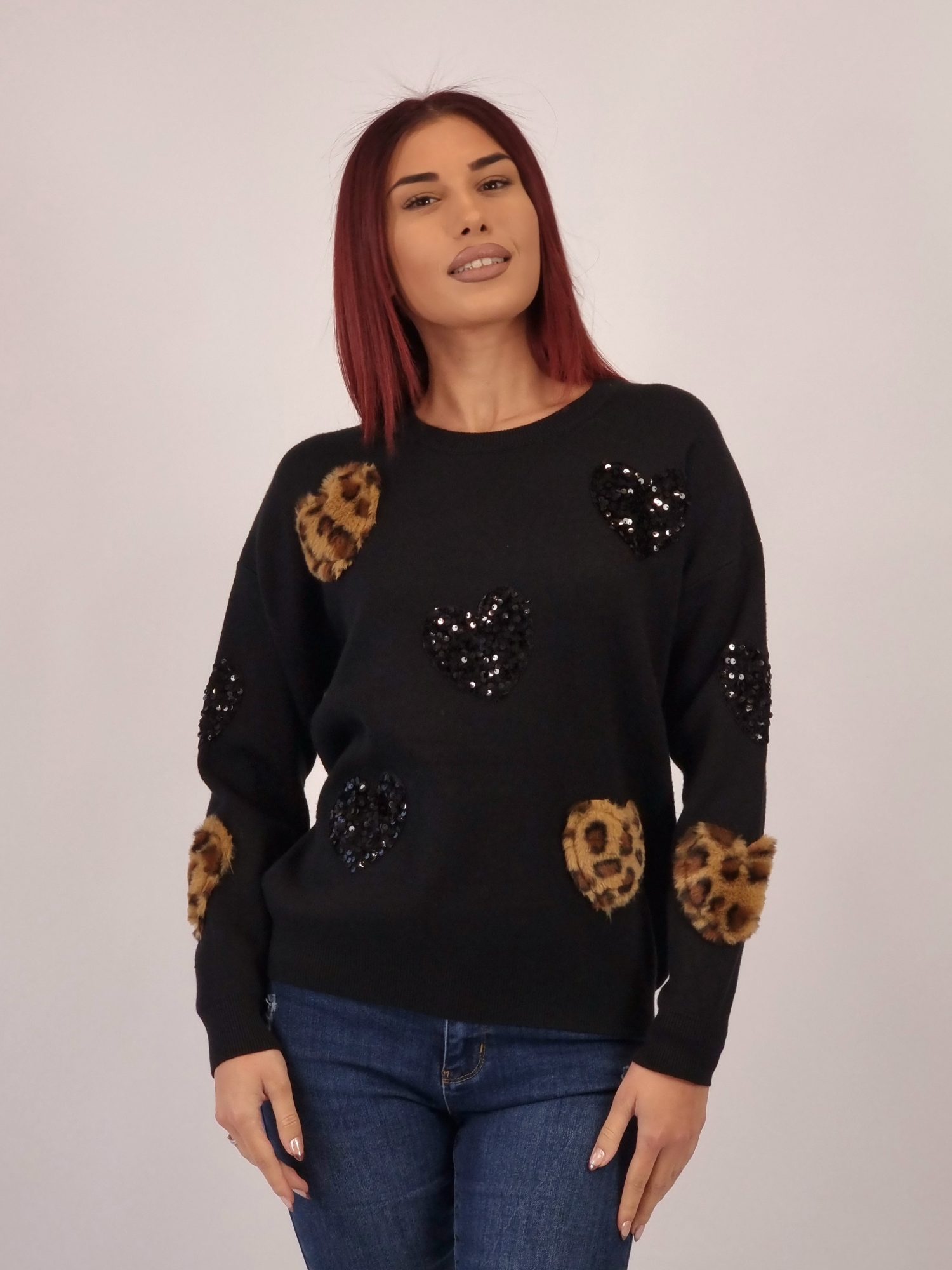 Mπλούζα Πλεκτή Καρδιές Παγιέτα - Μαύρη Mπλούζα Πλεκτή Καρδιές Παγιέτα - Μαύρη