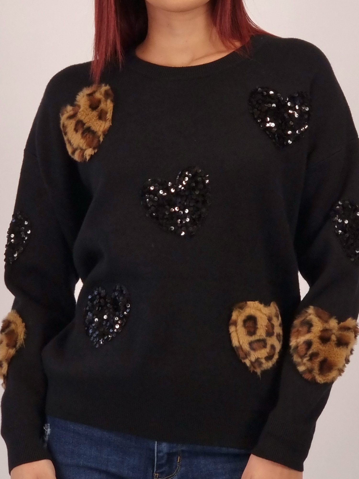 Mπλούζα Πλεκτή Καρδιές Παγιέτα - Μαύρη Mπλούζα Πλεκτή Καρδιές Παγιέτα - Μαύρη