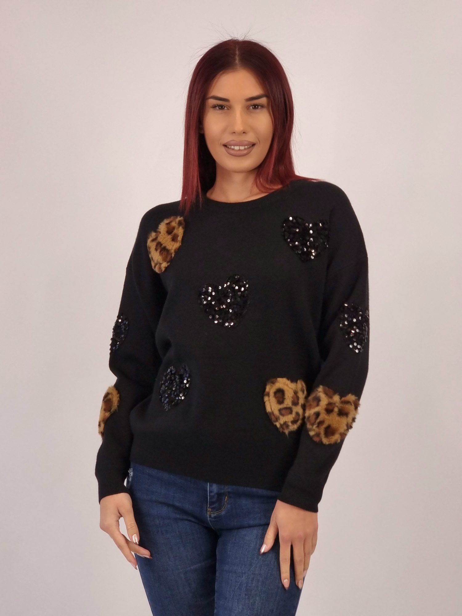 Mπλούζα Πλεκτή Καρδιές Παγιέτα - Μαύρη Mπλούζα Πλεκτή Καρδιές Παγιέτα - Μαύρη