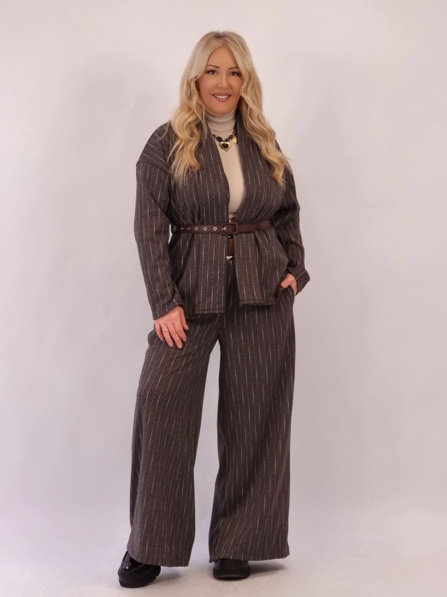 Ζακέτα Σακάκι Ριγέ με Ζώνη - Ανθρακί