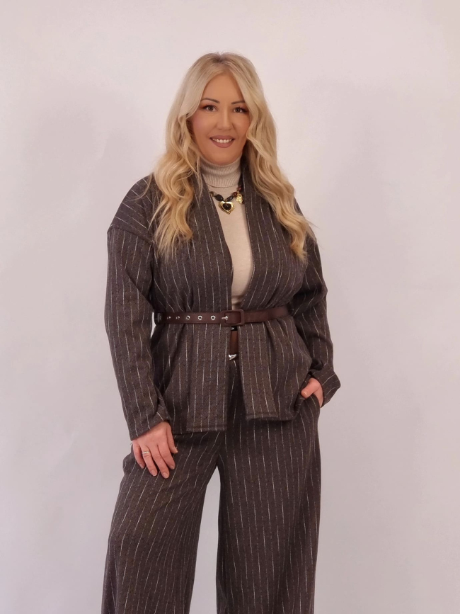 Ζακέτα Σακάκι Ριγέ με Ζώνη - Ανθρακί