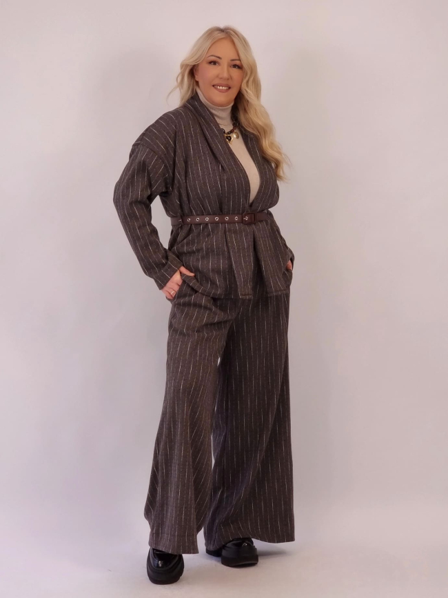 Παντελόνα Ριγέ με Ζώνη - Καφέ Ανθρακί