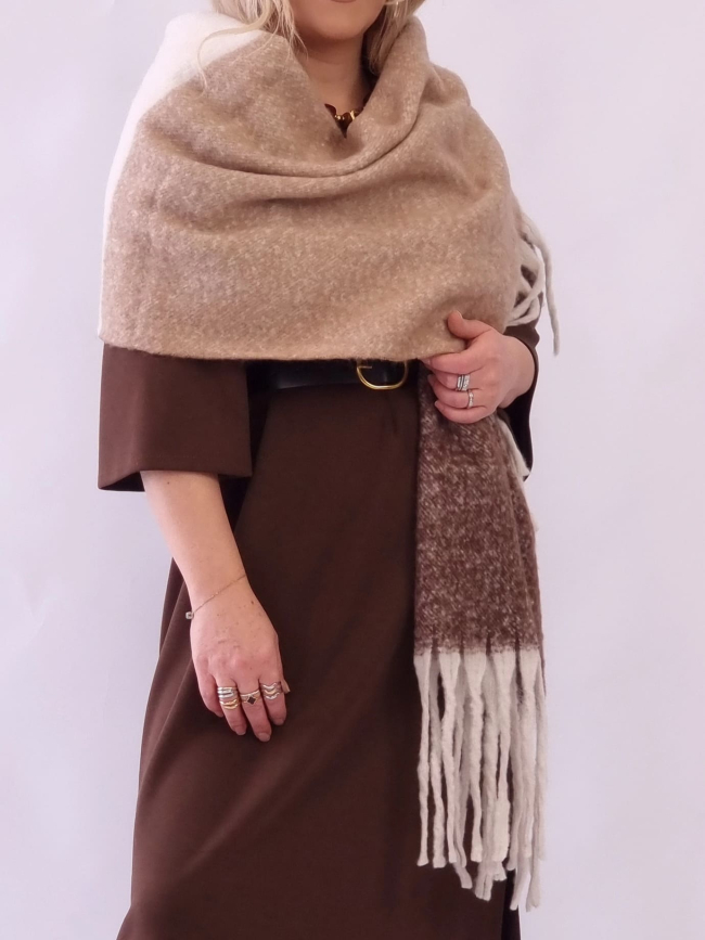 Πασμίνα τρίχρωμη γήινα χρώματα κρόσσια