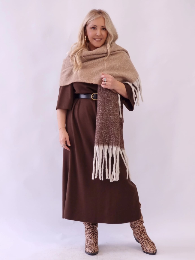 Πασμίνα τρίχρωμη γήινα χρώματα κρόσσια