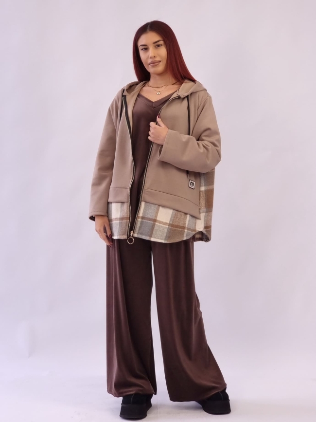 Ζακέτα Μάλλινη Καρό-Μπέζ