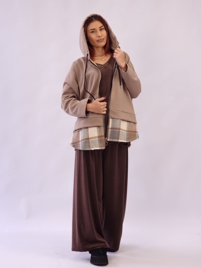 Ζακέτα Μάλλινη Καρό-Μπέζ