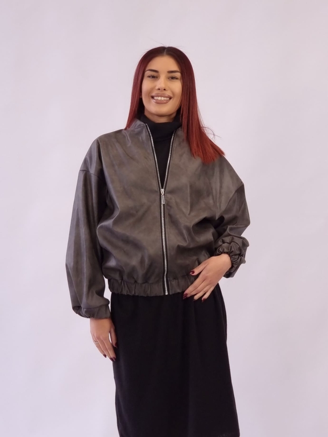 Μπουφάν Δερματίνη Oversized - Ανθρακί