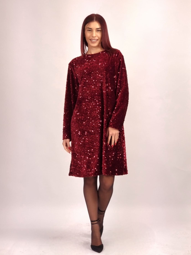 Φόρεμα Μίνι Βελουτέ Παγιέτα -Μπορντό