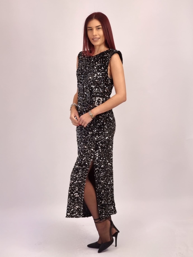 Φόρεμα Βελουτέ Παγιέτα Ασημί- Μαύρο