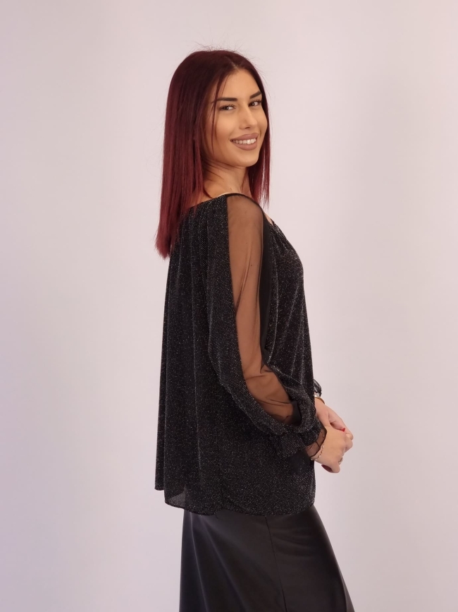 Μπλούζα Λούρεξ Τούλι Μανίκια-Μαύρο Μπλούζα Λούρεξ Τούλι Μανίκια-Μαύρο