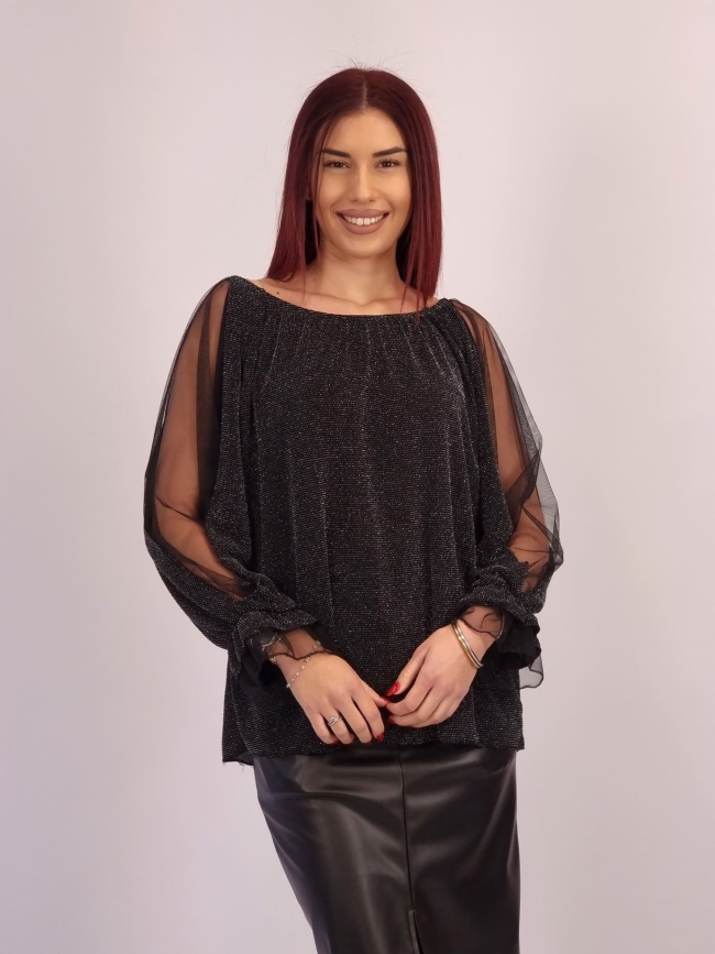 Μπλούζα Λούρεξ Τούλι Μανίκια-Μαύρο