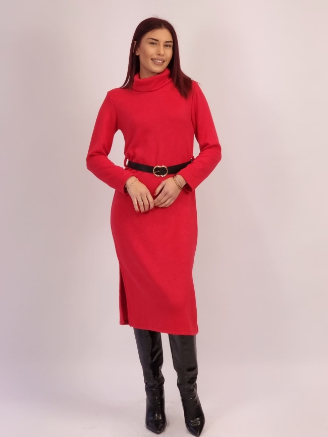 Φόρεμα Πλεκτό με Ζώνη - Κόκκινο Φόρεμα Πλεκτό με Ζώνη - Κόκκινο