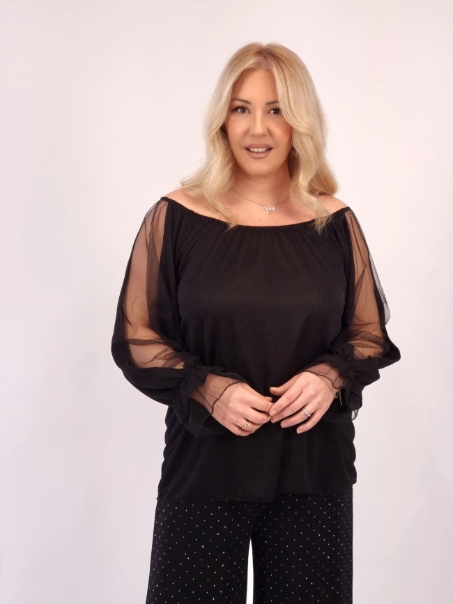 Μπλούζα Λούρεξ Τούλι Μανίκια-Μαύρο Μπλούζα Λούρεξ Τούλι Μανίκια-Μαύρο