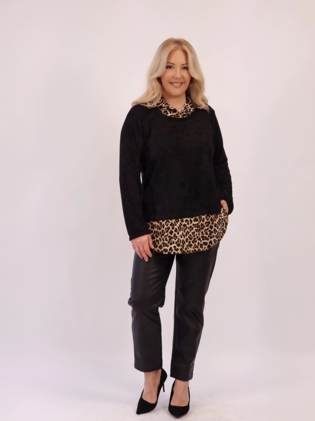 Μπλούζα Λεπτομέρειες Πουκάμισο Animal Print-Μαύρο Μπλούζα Λεπτομέρειες Πουκάμισο Animal Print-Μαύρο