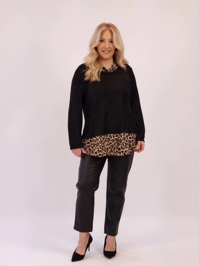 Μπλούζα Λεπτομέρειες Πουκάμισο Animal Print-Μαύρο Μπλούζα Λεπτομέρειες Πουκάμισο Animal Print-Μαύρο