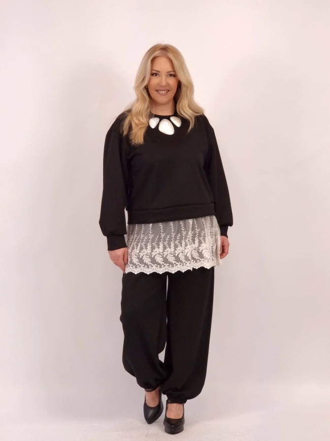 Σετ Μπλούζα Δαντέλα Παντελόνι- Μαύρο