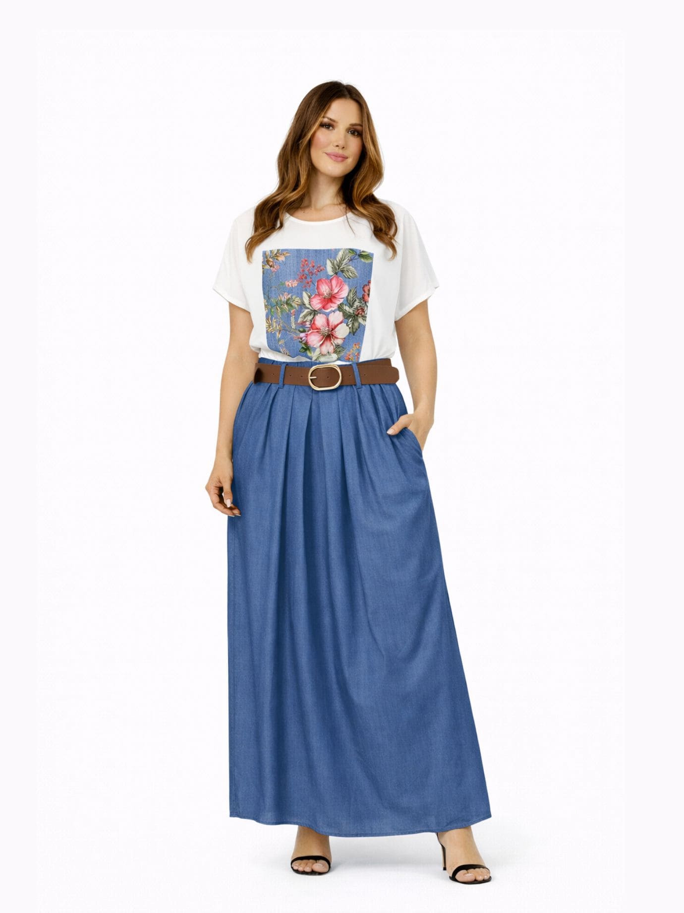 Φούστα Maxi Υφασμάτινη Όψη Τζίν-Μπλέ Φούστα Maxi Υφασμάτινη Όψη Τζίν-Μπλέ