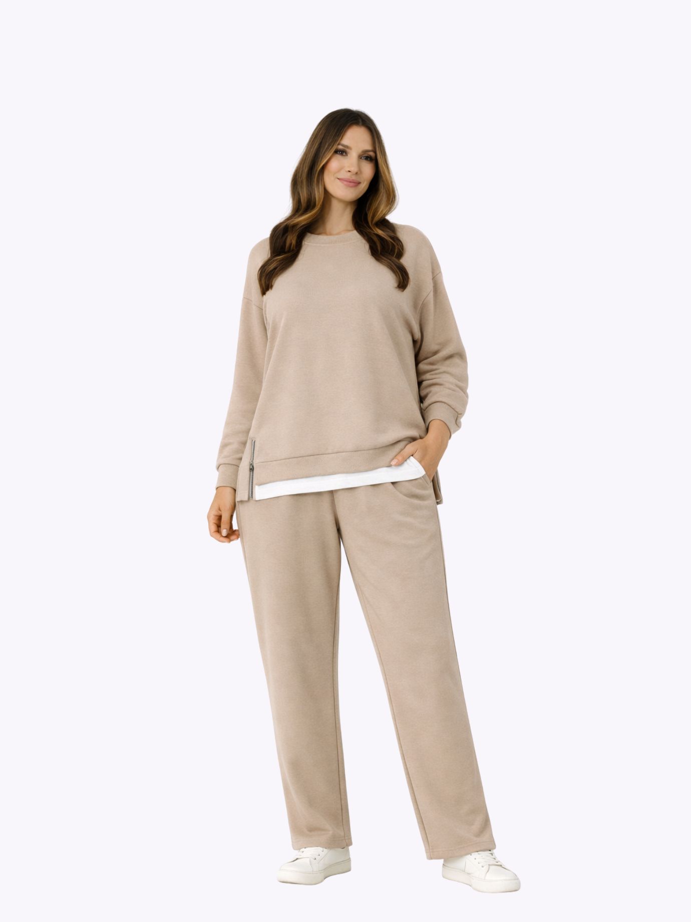 Σετ Casual Λεπτομέρεια Φερμουάρ-Μπέζ Σετ Casual Λεπτομέρεια Φερμουάρ-Μπέζ