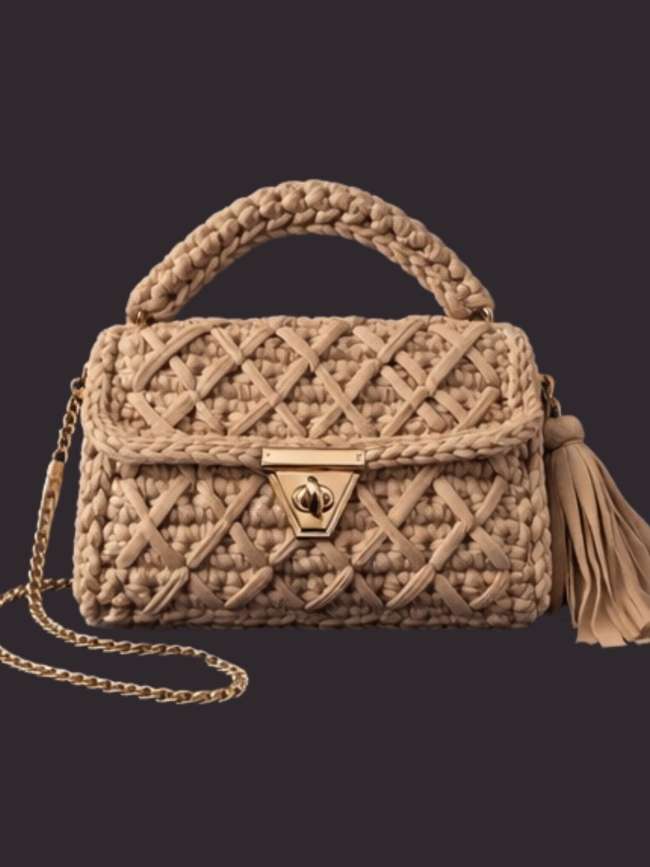 Πλεκτή Τσάντα με Χερούλι και Αλυσίδα – Μπέζ