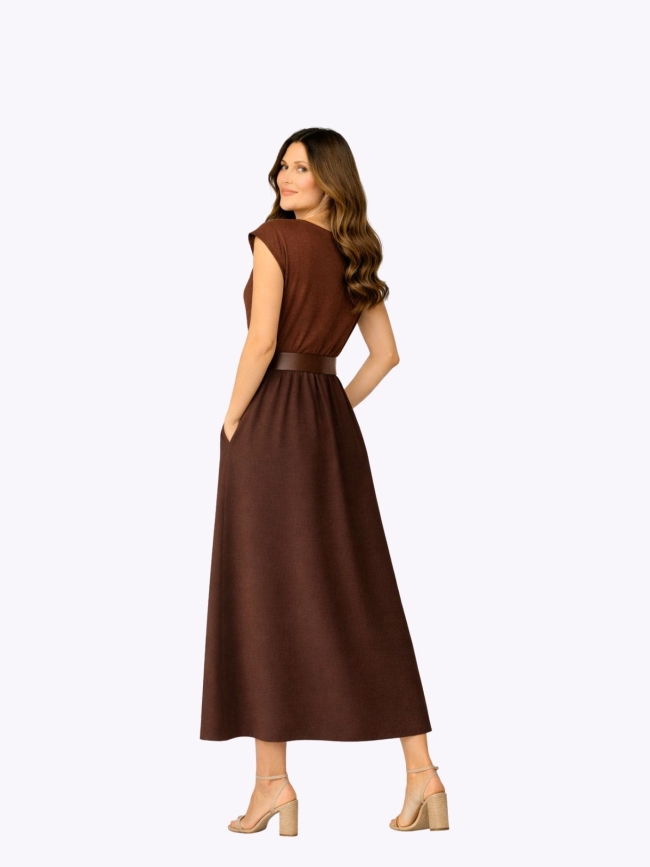 Φόρεμα Αμάνικο Με Φαρδιά Ζώνη-Σοκολά