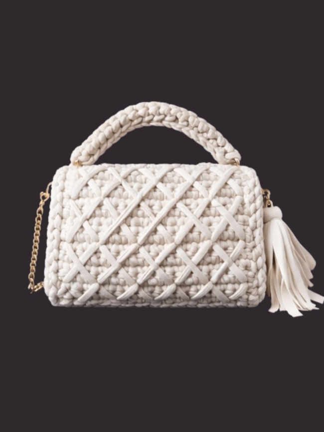 Πλεκτή Τσάντα με Χερούλι και Αλυσίδα – Μπέζ