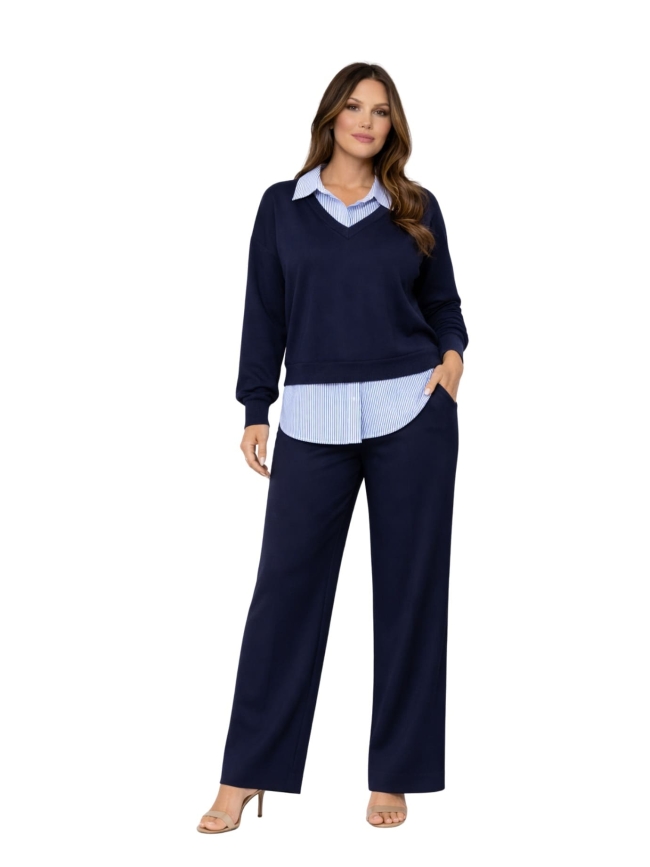 Σετ Μπλούζα Εφέ Πουκάμισο Παντελόνι-Μπλέ σκούρο