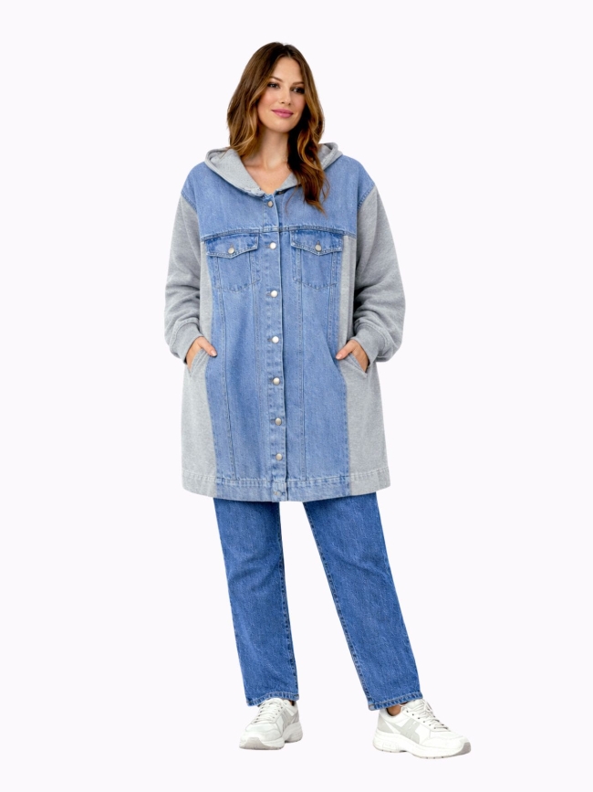 Τζακετ Τζίν Λεπτό Φούτερ Μακρύ -Μπλέ Πετροπλυμένο