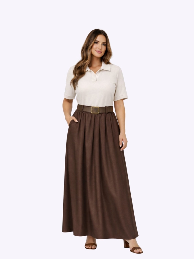 Φόρεμα Με Γιακά Μπλούζα Φούστα-Εκρού