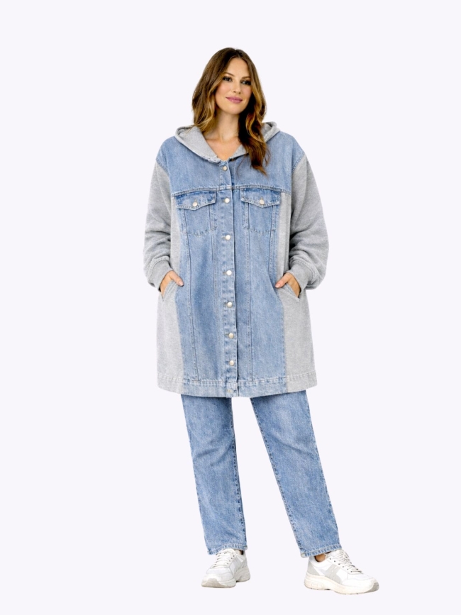 Τζακετ Τζίν Λεπτό Φούτερ Μακρύ -Μπλέ Πετροπλυμένο